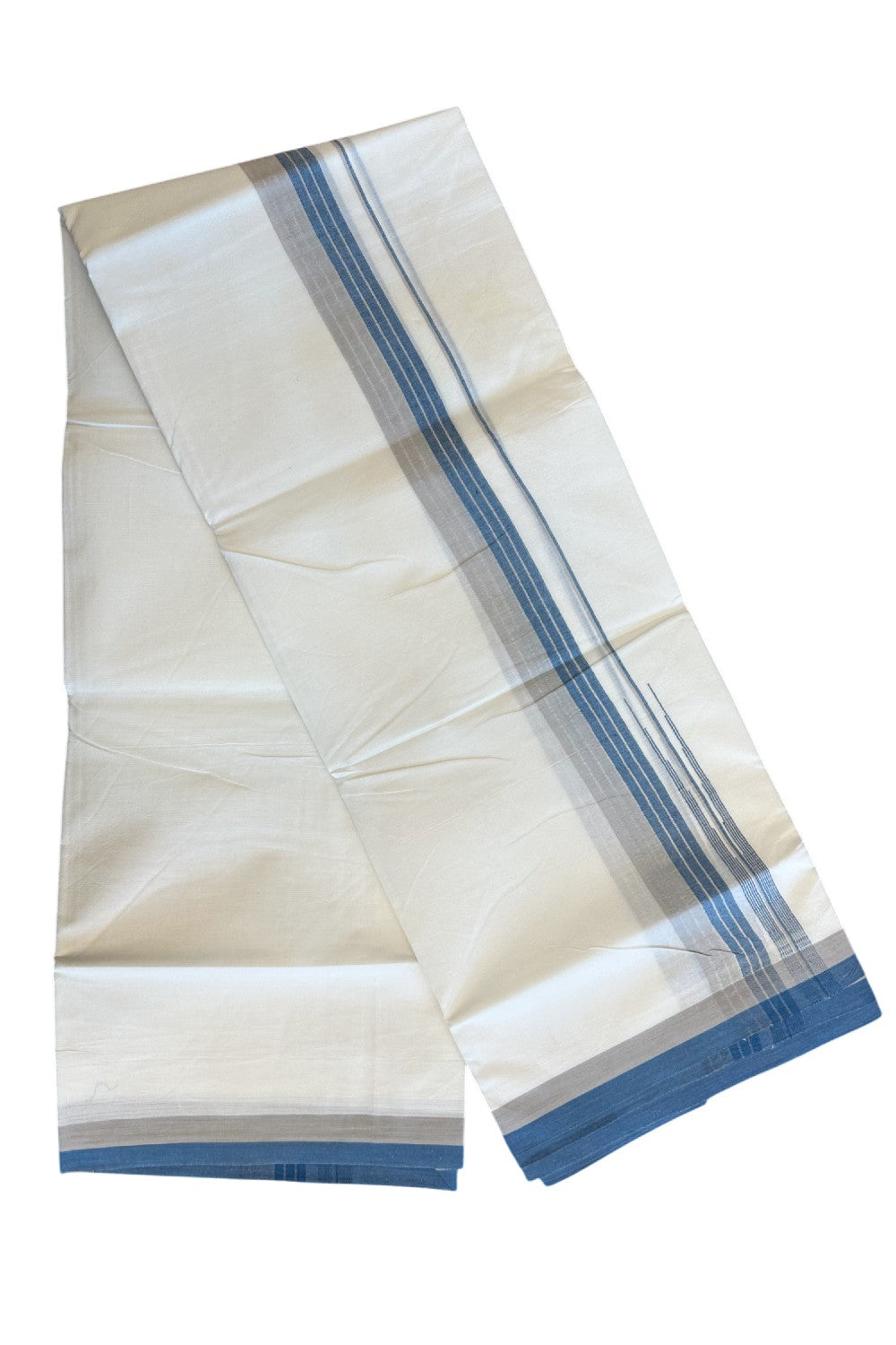 19% Discount!!! KaithariKada Balaramapuram  Double Off white - (Unbleached) Mundu/Dhoti - 80X90 - 2.25 inch Blue & Ash Silver Striped puliyilakkara chutty Striped Kara 3.85 meters - 16KK5058GUN