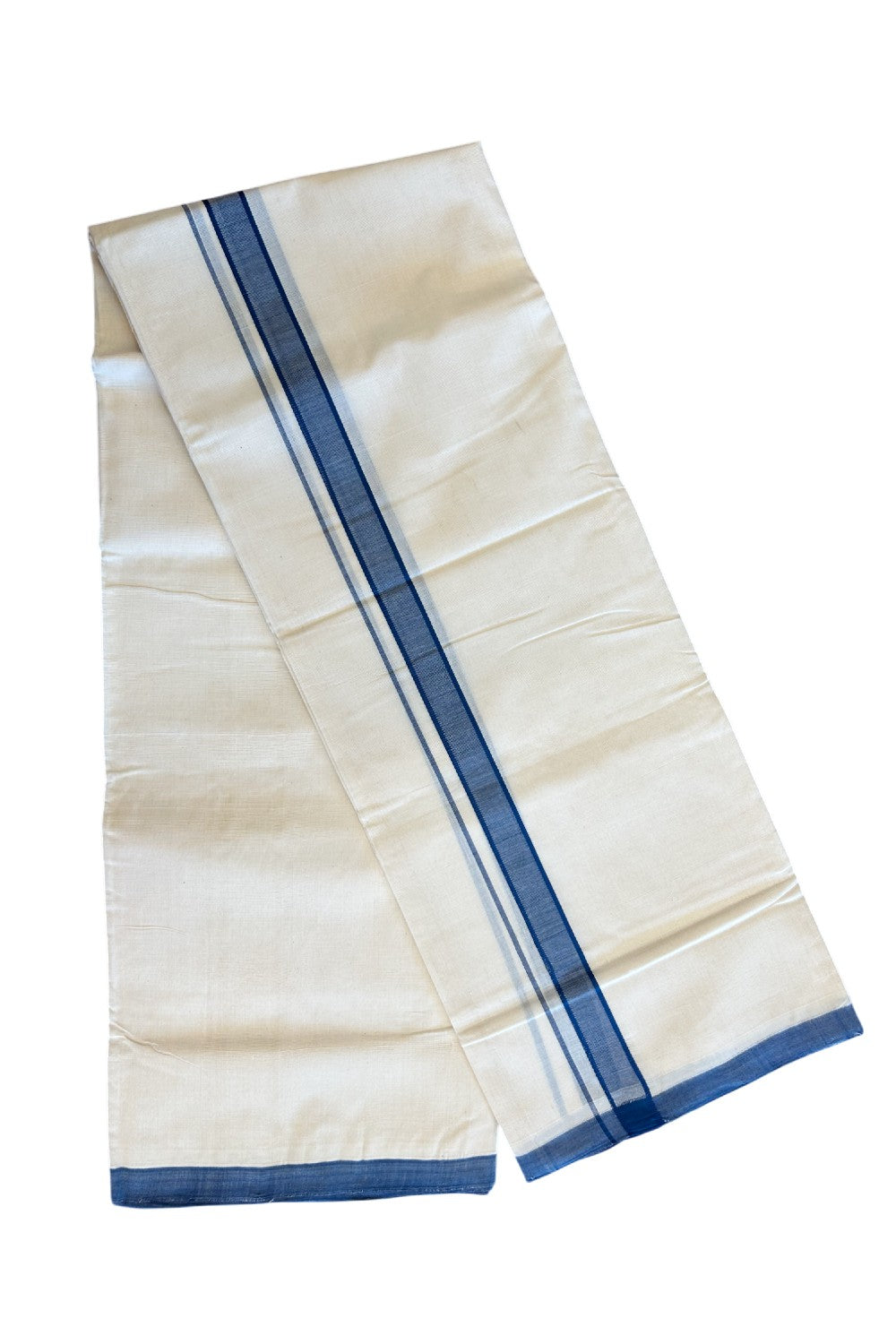 15% DISCOUNT! KaithariKada BALARAMAPURAM HANDLOOM Unakkupaav- 100% PURE Cotton 100x100 Double Mundu/Dhoti OFF WHITE (Unbleached) 3.80 mtr & 4 mtr  - Deep Blue Kara