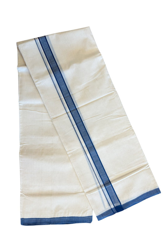 15% DISCOUNT! KaithariKada BALARAMAPURAM HANDLOOM Unakkupaav- 100% PURE Cotton 100x100 Double Mundu/Dhoti OFF WHITE (Unbleached) 3.80 mtr - Deep Blue Kara