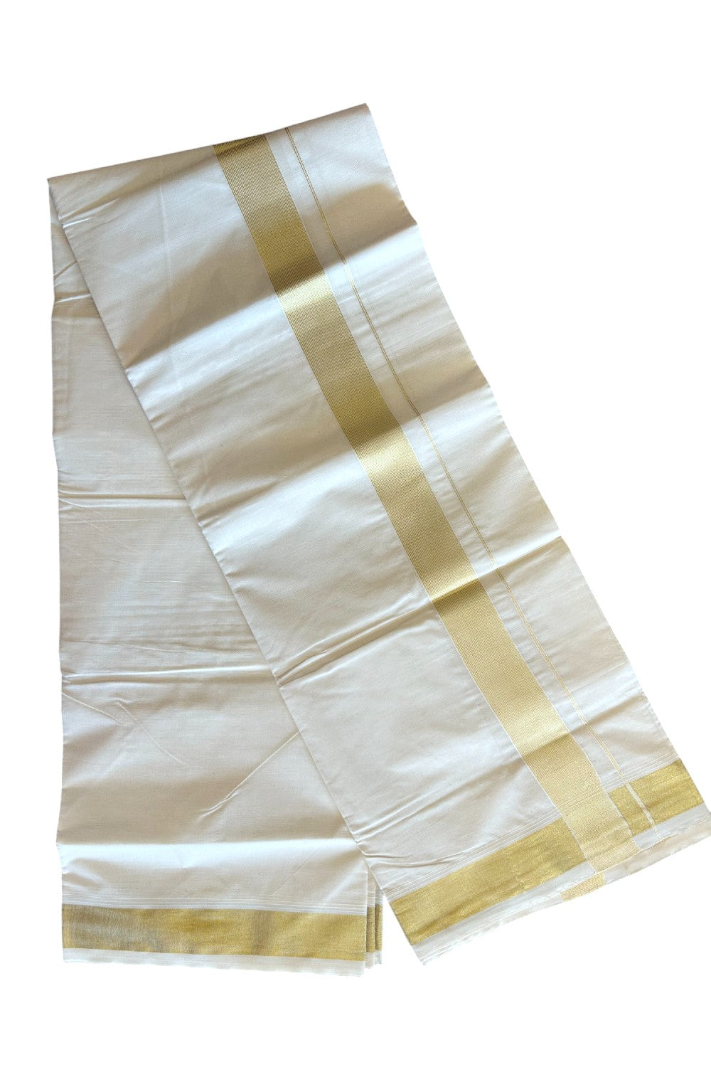 10% DISCOUNT ! KaithariKada Balaramapuram 100% Cotton Double Off white - (Unbleached) Mundu/Dhoti-100X100 - 2 inch KASAVU Stripes kara - 16KK5063KK