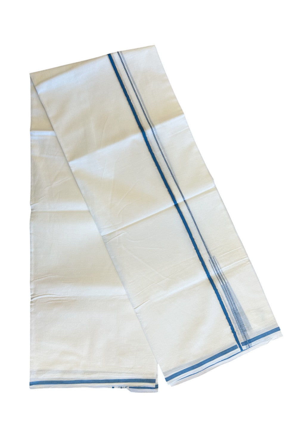 19% Discount !! KaithariKada Balaramapuram 100% Cotton PURE WHITE Double Mundu/Dhoti-100x100 - 1 cm Puliyilakkara Silver Kasavu & Light Peacock Blue Chutty Kara - 15KK5066KK