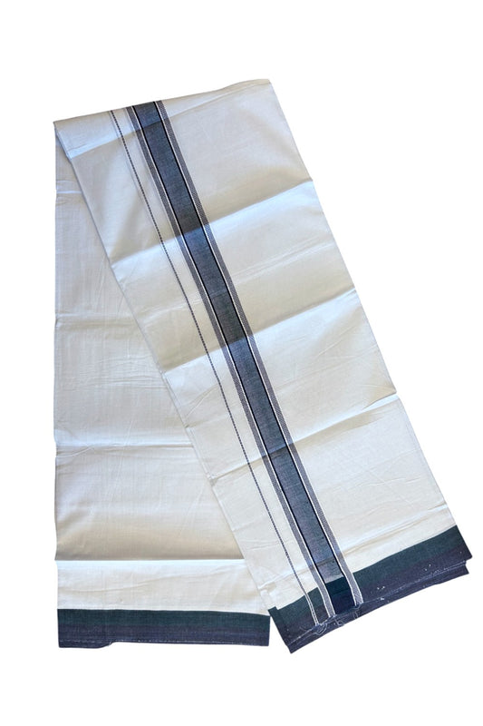 21% DISCOUNT!! Kaitharikada Balaramapuram 100% Cotton Ultra WHITE Double Mundu/Dothi-100x80 2.25 Inch Navy Blue & Dark Green Striped Cotton Kara - 16KK5067KK