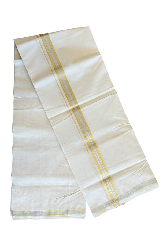 12% DISCOUNT ! KaithariKada HANDLOOM Millpaav Balaramapuram - 100% PURE Cotton Off White - (Unbleached) Double Mundu/Dhoti - Silver & Gold KASAVU Stripes Design-19KK37RAM