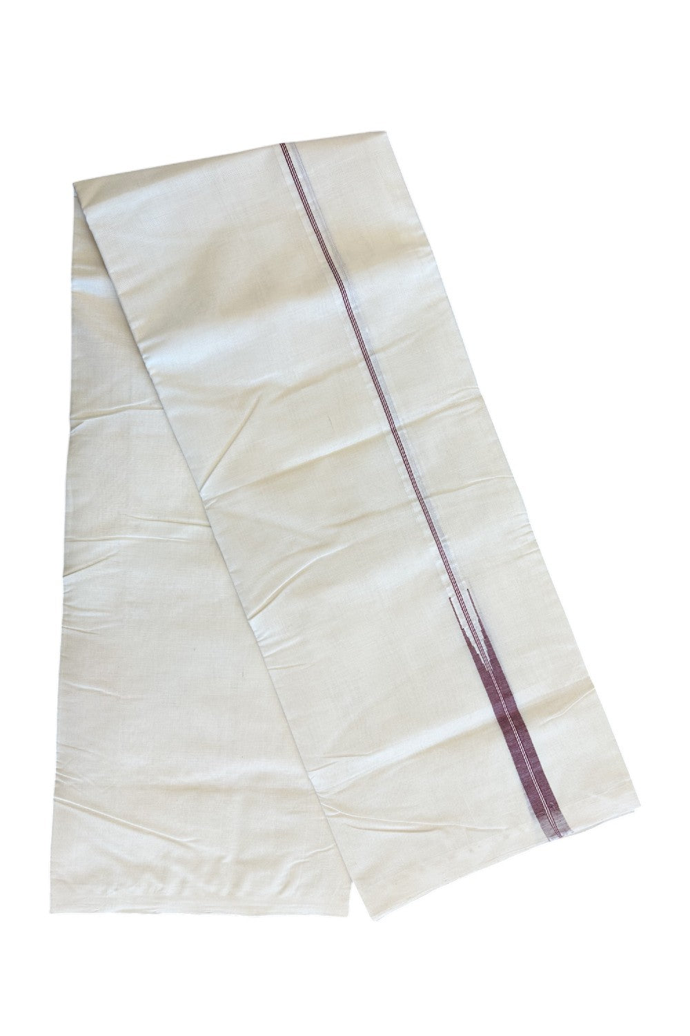 21% DISCOUNT!! KaithariKada HANDLOOM Millpaav Balaramapuram - 100% PURE Cotton OFF White (Unbleached) Double Mundu/Dothi - Maroon stripes big puliyilakkara chutty- 25KK86RAM