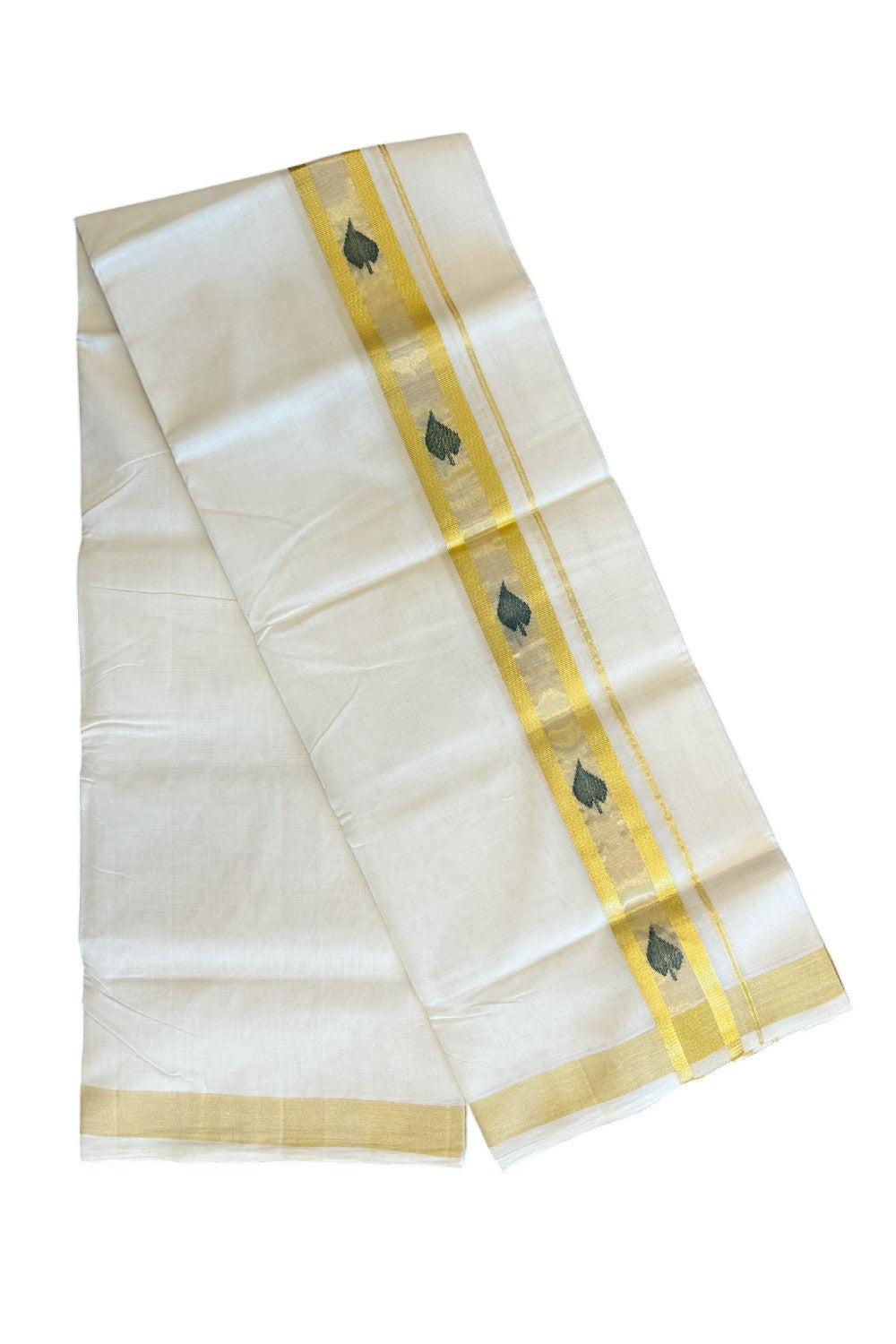 30% Discount!!! KaithariKada HANDLOOM UNAKKUPAAV Balaramapuram - 100% PURE Cotton off white (Unbleached) Double Mundu/Dhoti -100x 100 - 2.5 inch Kasavu with Centre Tissue & Green Leaf design kara - 15KK5096YAR