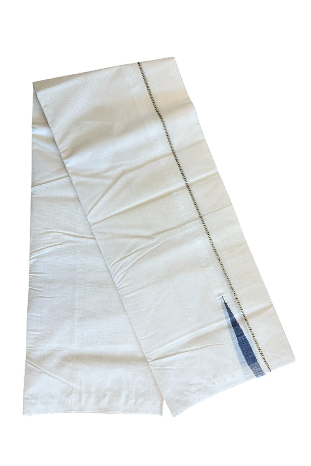 30% DISCOUNT!! KaithariKada HANDLOOM Millpaav Balaramapuram - 100% PURE Cotton OFF White - (Unbleached) Double Mundu/Dothi - 1.5 cm puliyilakkara Kasavu & Dark Blue Temple chutty Kara - 16KK5105RAM