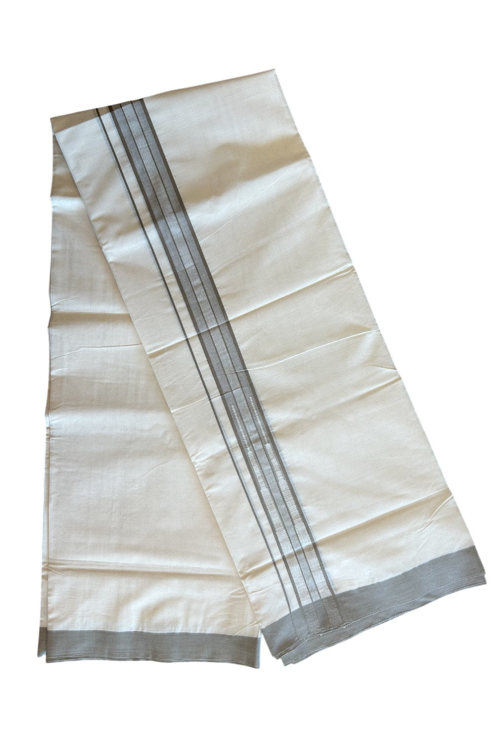 19% DISCOUNT! KaithariKada Balaramapuram 100% Cotton  Off white (Unbleached) Double Mundu/Dhoti-100x100 1.5inch Dark Tan Brown Striped Chutty kara - 16KK5110THI