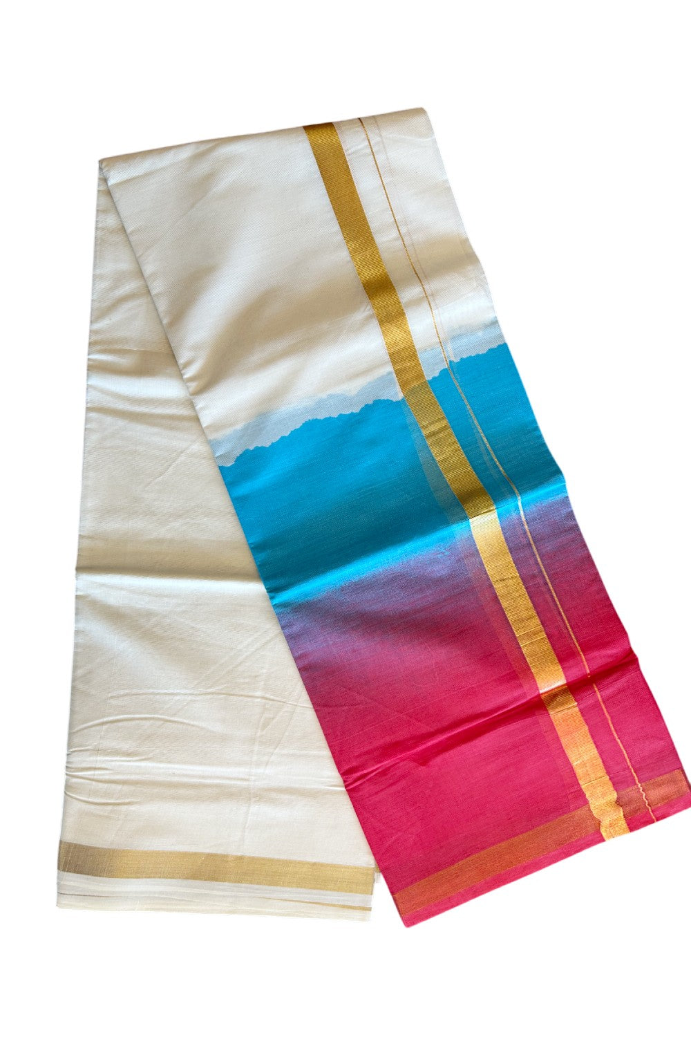 20% Discount !! KaithariKada Balaramapuram Mixed Cotton OFF White (Unbleached) Double Mundu/Dhoti -80x80 Thread Mixed Cotton - 1.75 inch Rose Red & Pacific Blue Dyed Kasav Kara - 16KK5113PMC