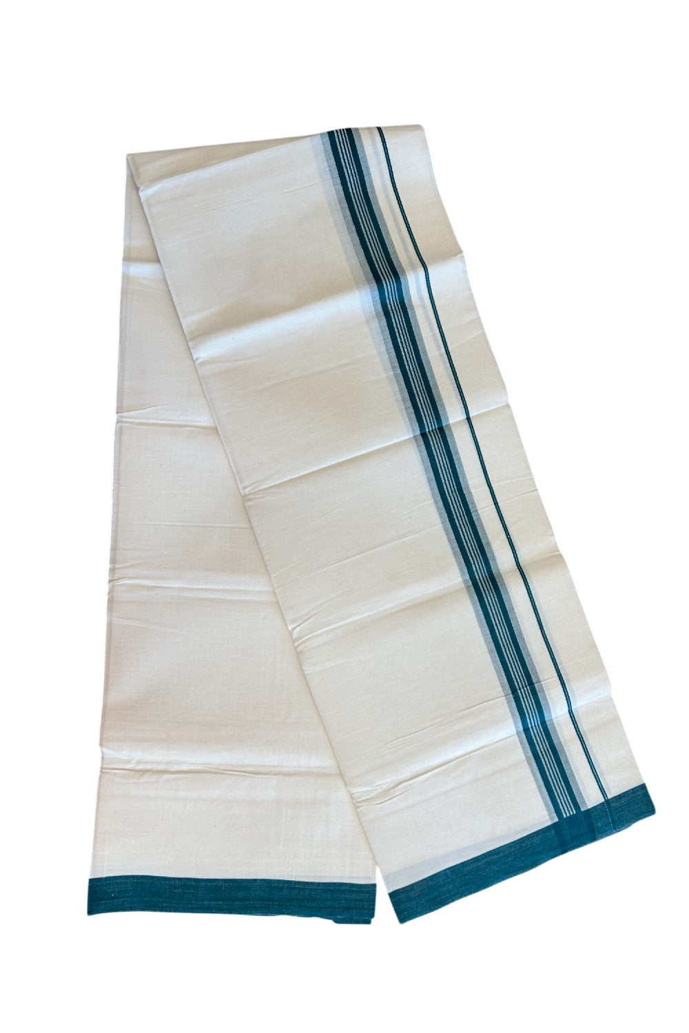 8% Discount ! Kaitharikada Balaramapuram 100% Cotton OFF WHITE SINGLE Mundu/Dothi (40s) - 1.75 inch Peacock green & White shaded Stripes Kara (2 meter / 4 muzham) - 16KK5114THI