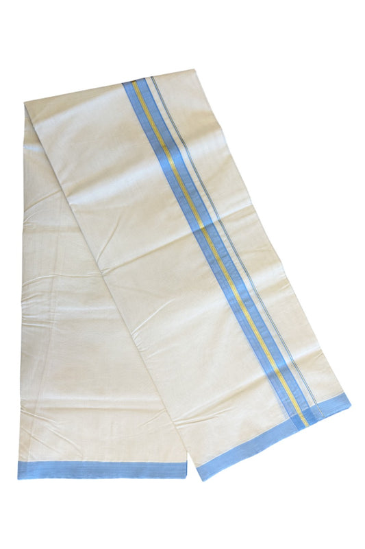 19% Discount !! KaithariKada - 100% PURE Cotton OFF White Double - (Unbleached) Mundu/Dothi -100x100 - 2 inch Sky Blue & Kasavu Striped Kara 4.50 Meters - 16KK5133ASH