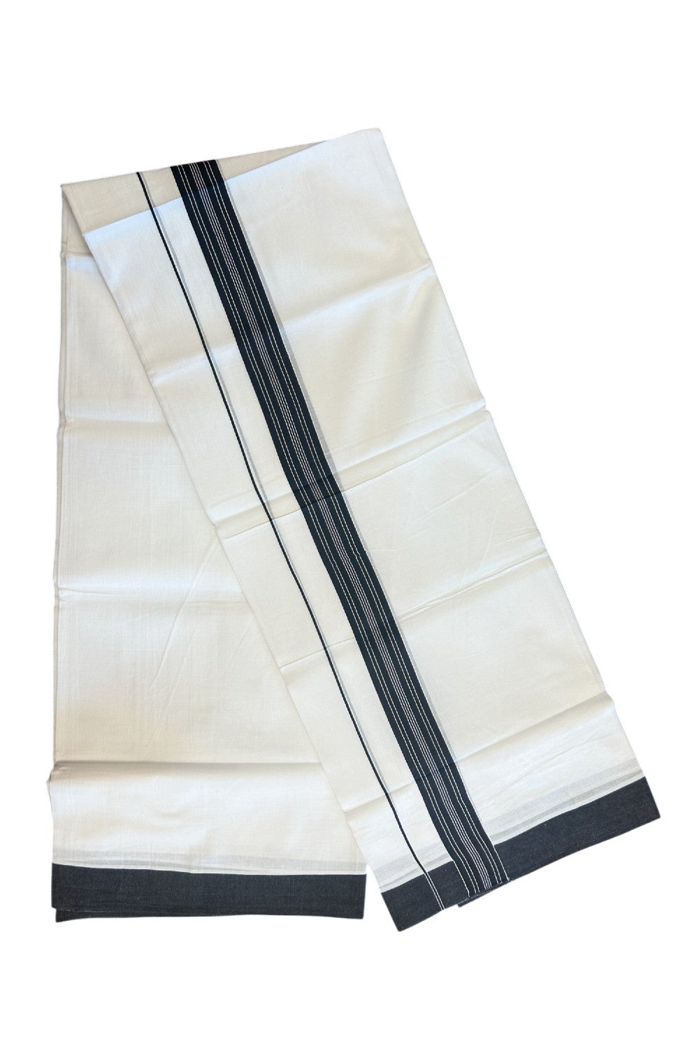 20% DISCOUNT! KaithariKada Balaramapuram 100% Cotton Double PURE white Mundu/Dhoti - 100x80 - 1.5 Inch Black Center Striped Kara - 16KK5135GAN