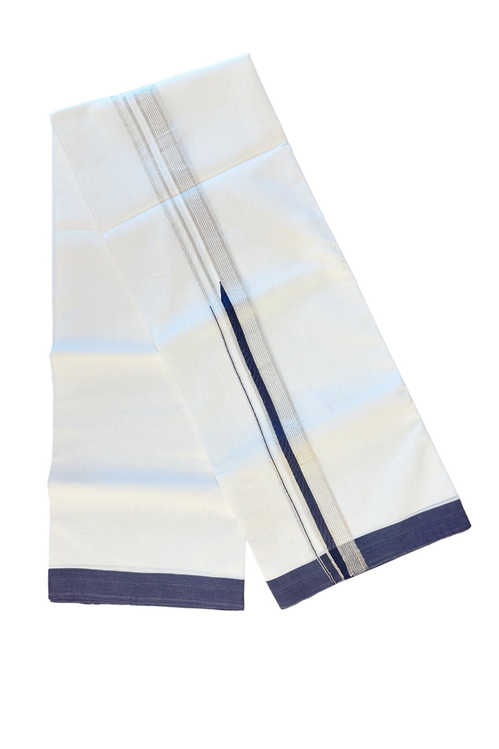 19% DISCOUNT! KaithariKada Balaramapuram 100% Cotton  PURE white Double Mundu/Dhoti-100x100  2 Inch Chutty Heavy Designer navy Blue &  Silver Kasavu Kara-16KK62ASH