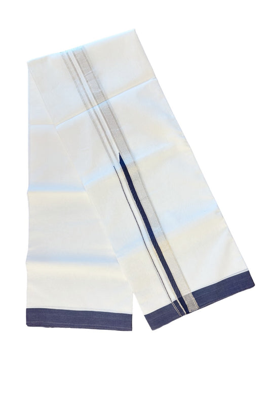 19% DISCOUNT! KaithariKada Balaramapuram 100% Cotton  PURE white Double Mundu/Dhoti-100x100  2 Inch Chutty Heavy Designer navy Blue &  Silver Kasavu Kara-16KK62ASH