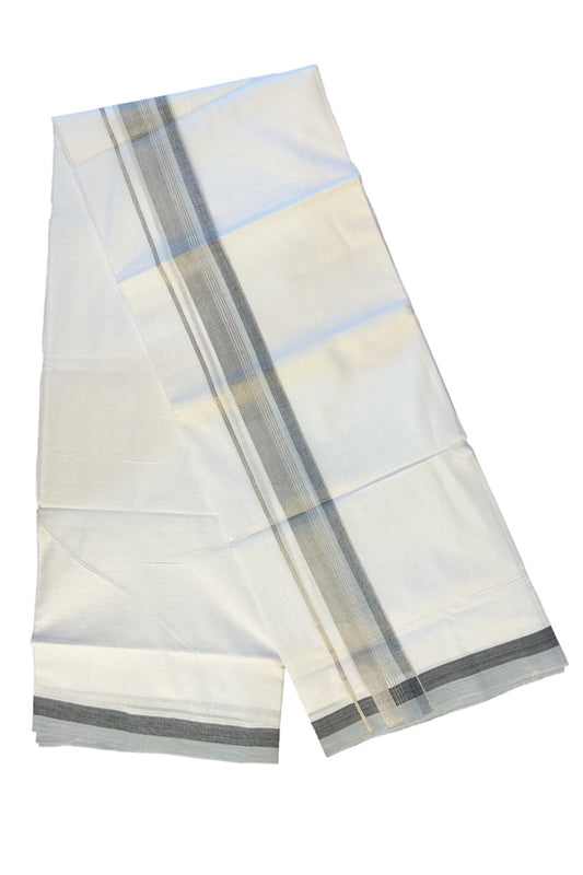 21% DISCOUNT!! Kaitharikada Balaramapuram 100% Cotton Ultra WHITE Double Mundu/Dothi-100x80   2 Inch GRAY & BLACK SILVER STRIPED Cotton Kara -16KK63VAS