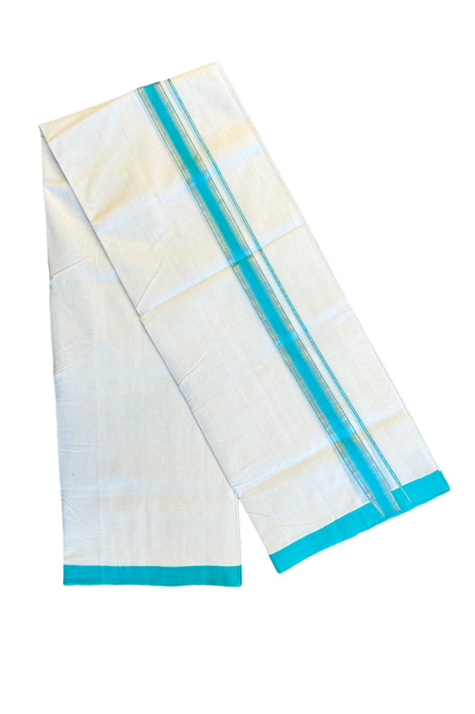 21% DISCOUNT! KaithariKada BALARAMAPURAM HANDLOOM UNAKKUPAAV - 100% PURE Cotton Off white (Unbleached) Double Mundu/Dhoti -  Silver stripes Turquoise blue kara - 16KK72RAM