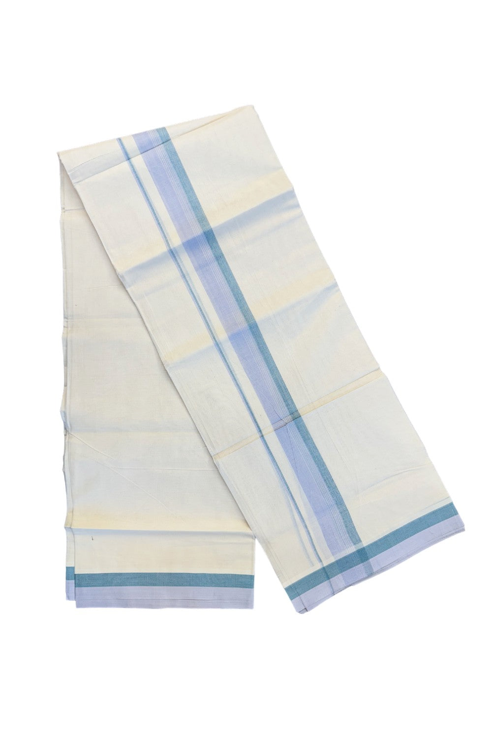 19% DISCOUNT ! KaithariKada Balaramapuram 100%  Cotton Double off white Mundu/Dhoti - 100X100  light blue & green shaded kara with  centre stripes - 16KK81VIN