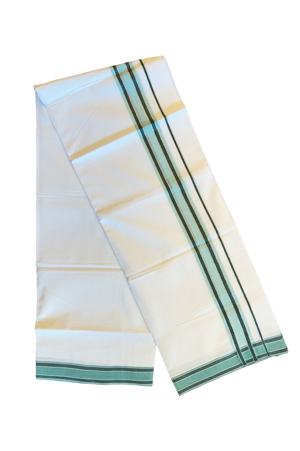 19% DISCOUNT!!! KaithariKada Balaramapuram 100% Cotton Double PURE white Mundu/Dhoti-100x100  2.25 Inch  Silver kasavu turquoise+green shaded  kara  - 16KK83VIN