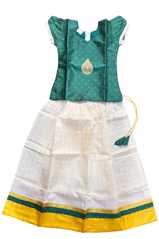 Midukki-Traditional South Indian Kids Pattu Pavada- Green top offwhite check skirt - Age 8 - KK8MID0016