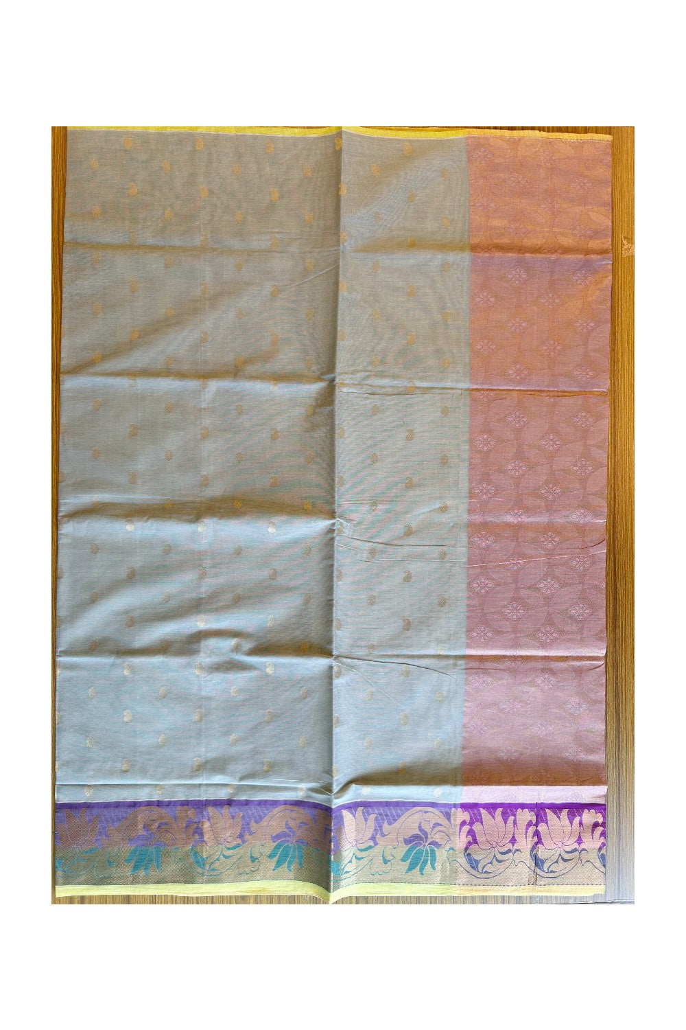 KaithariKada- Balaramapuram Saree - 100% PURE Cotton Silk - Light Sage Green Rose Pink & Violet. Flower Design -16KK1005PAN.