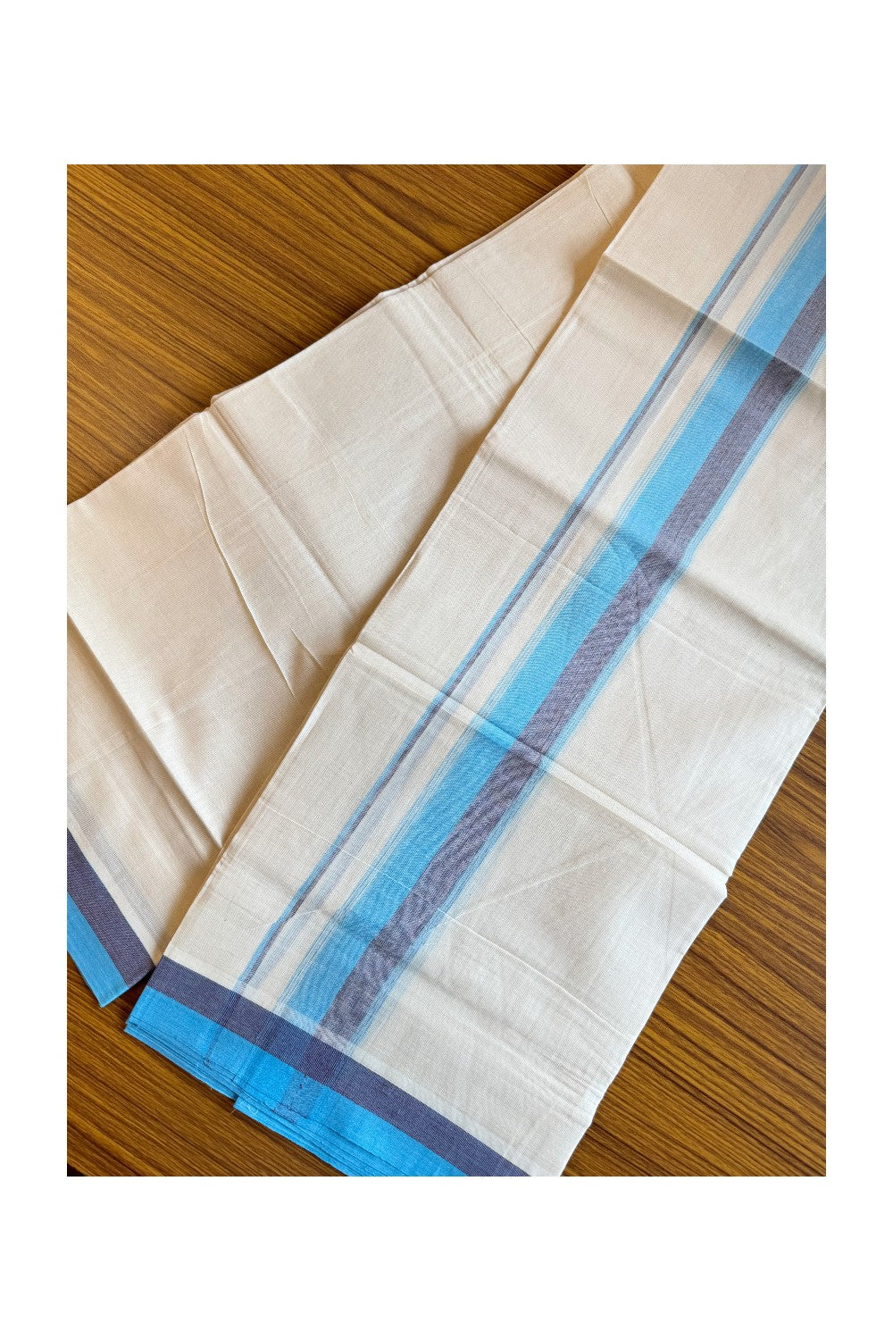 19% DISCOUNT ! KaithariKada Balaramapuram 100%  Cotton off white Double  Mundu/Dhoti - 100X100  2.5 Inch Sky blue & Navy blue shaded kara with stripes - 16KK206VIN