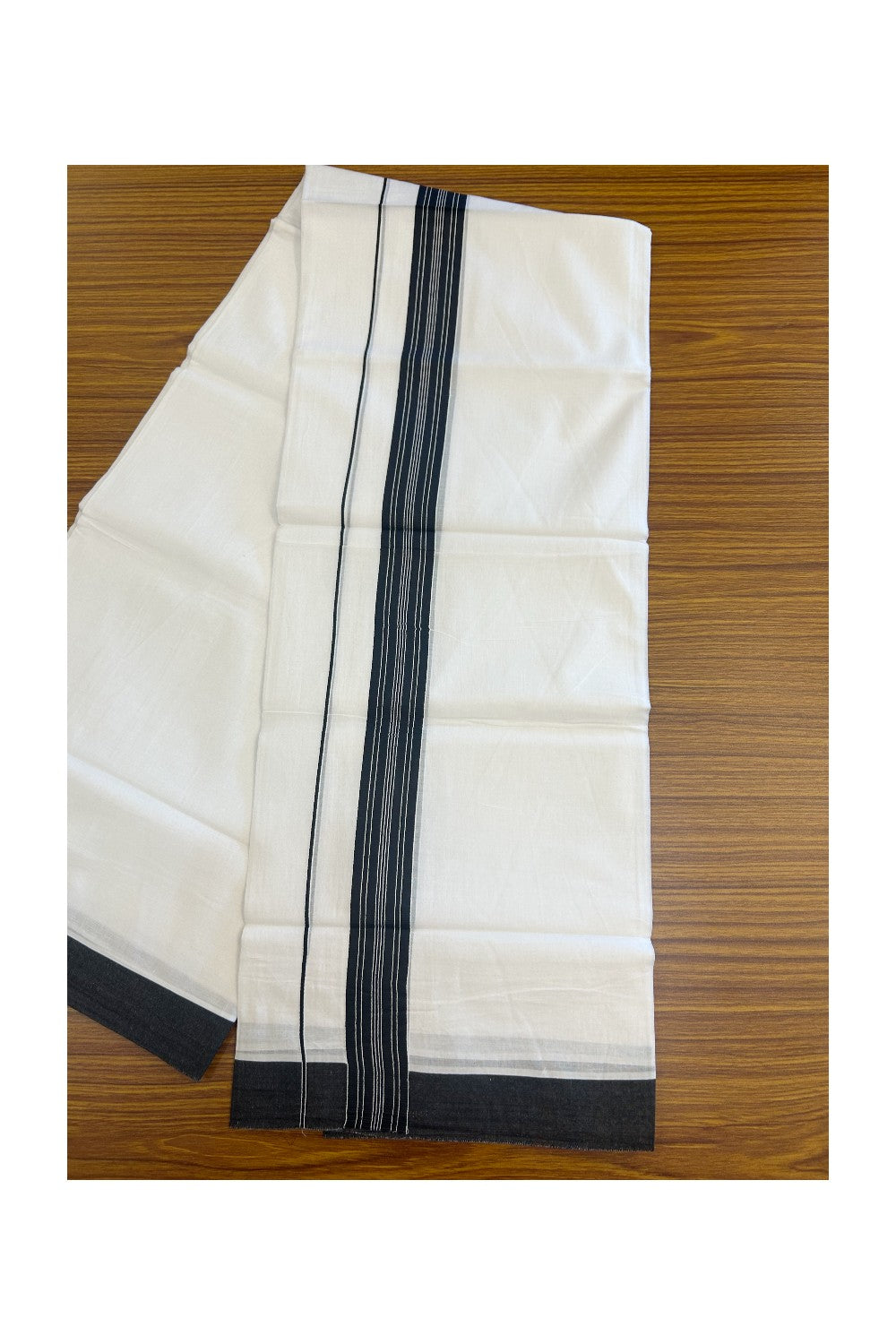 20% DISCOUNT! KaithariKada Balaramapuram 100% Cotton Double PURE white Mundu/Dhoti - 100x80 - 1.5 Inch Black Center Striped Kara - 16KK5135GAN