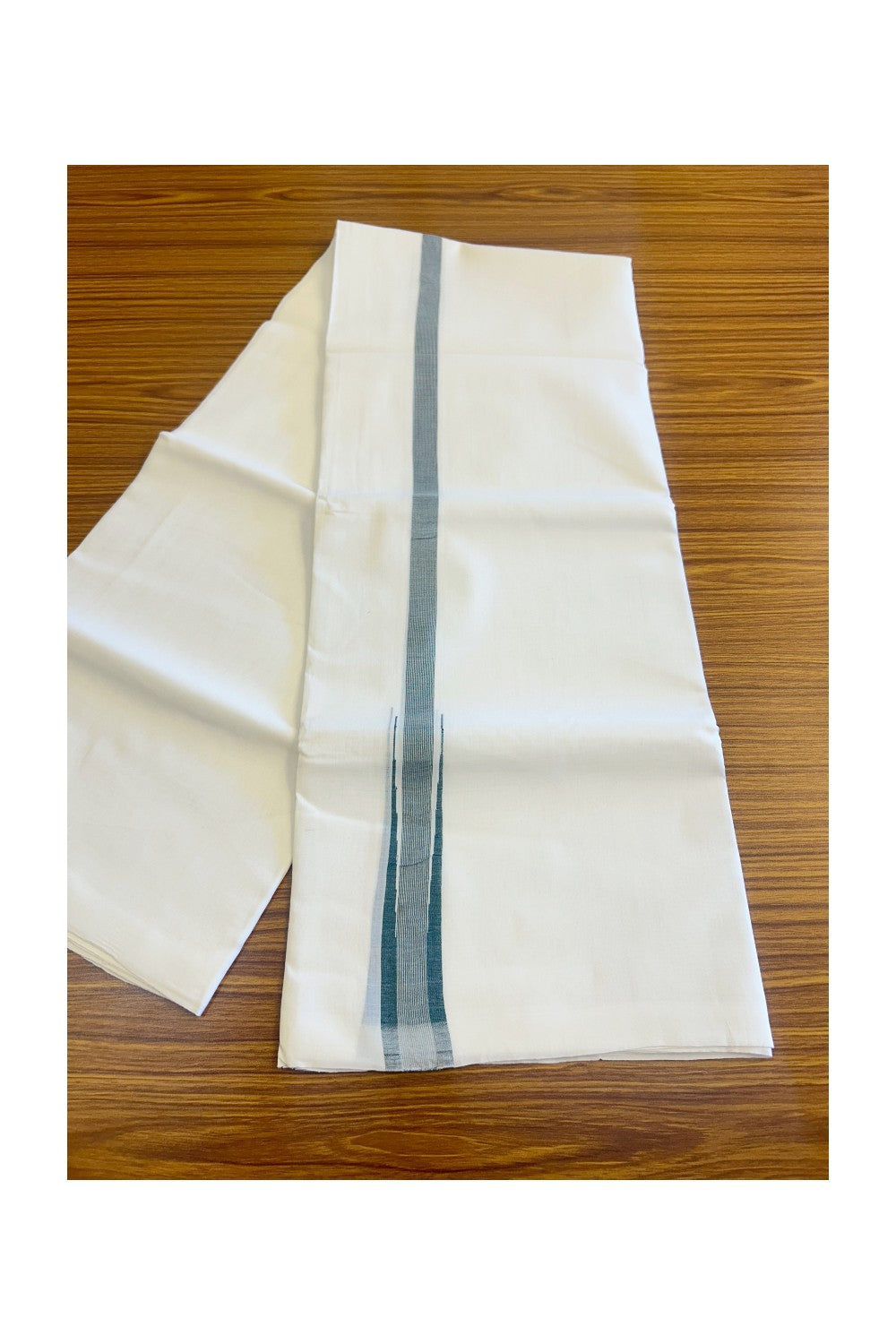 30% DISCOUNT! KaithariKada Handloom Millpaav Balaramapuram 100% Cotton  Pure white Double Mundu/Dhoti - 100x100  3 cm Green & Silver stripes Puliyilakkara Chutty - 16KK406ASH