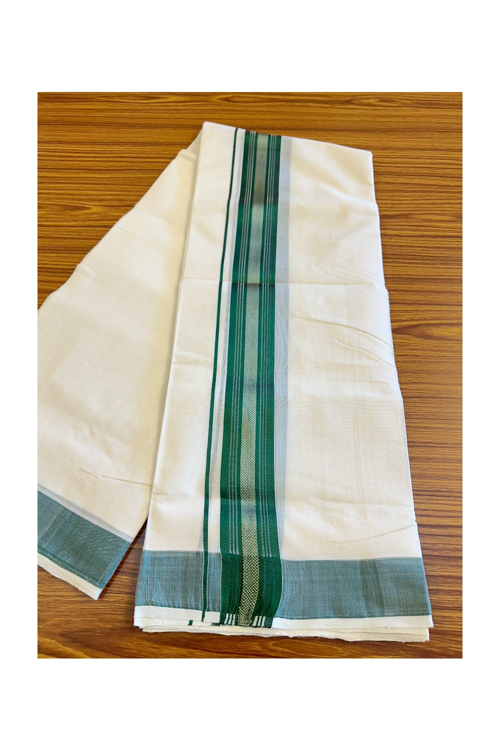 18% DISCOUNT!! KaithariKada HANDLOOM Millpaav Balaramapuram - 100% PURE Cotton OFF White Double Mundu/Dothi - 2.75 inch Green & silver kasavu striped kara - 16KK410RAM