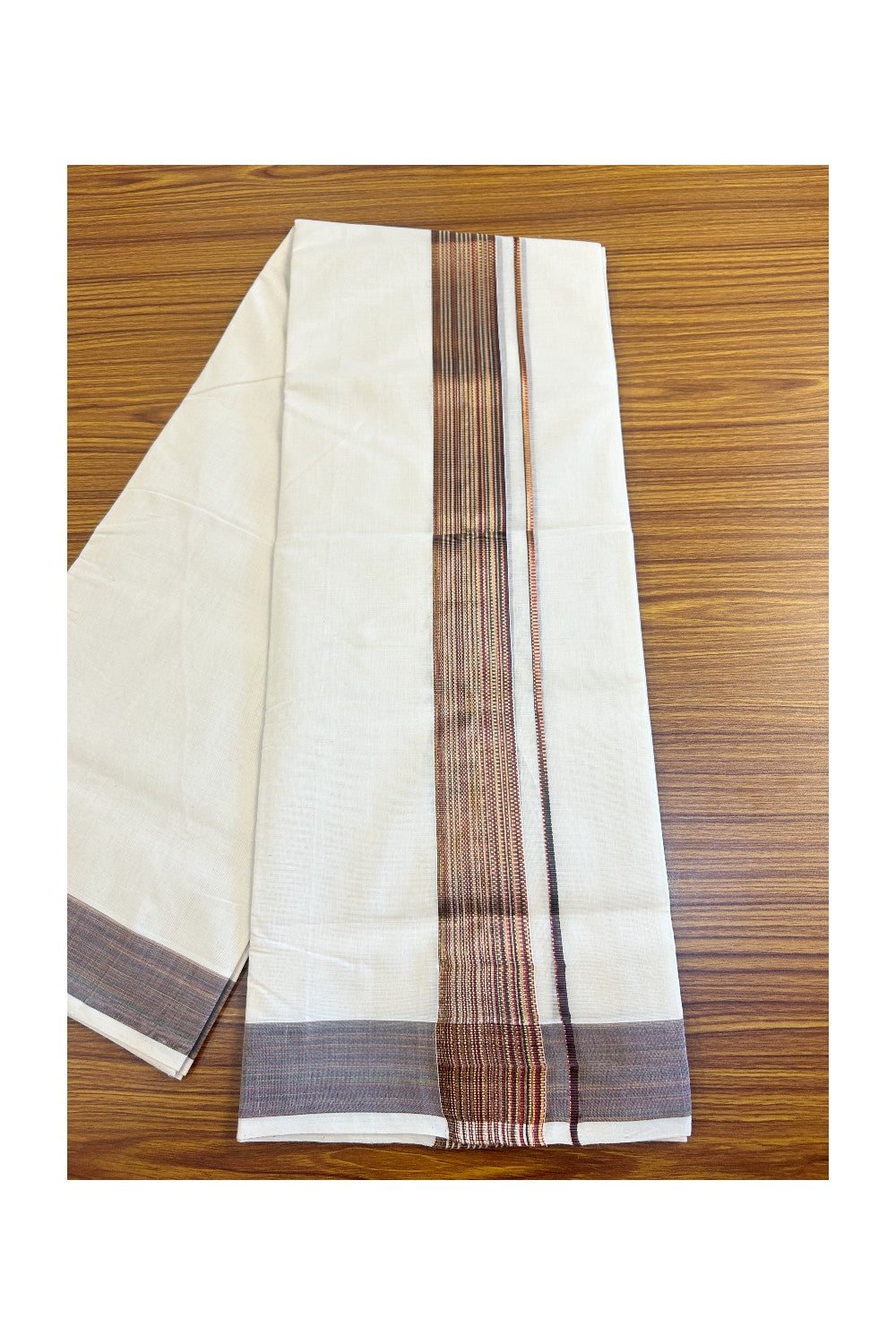 15% DISCOUNT!! KaithariKada HANDLOOM Millpaav Balaramapuram - 100% PURE Cotton OFF White (Unbleached) Double Mundu/Dothi - 2.75 inch  Brown & Kasavu striped kara - 16KK453RAM