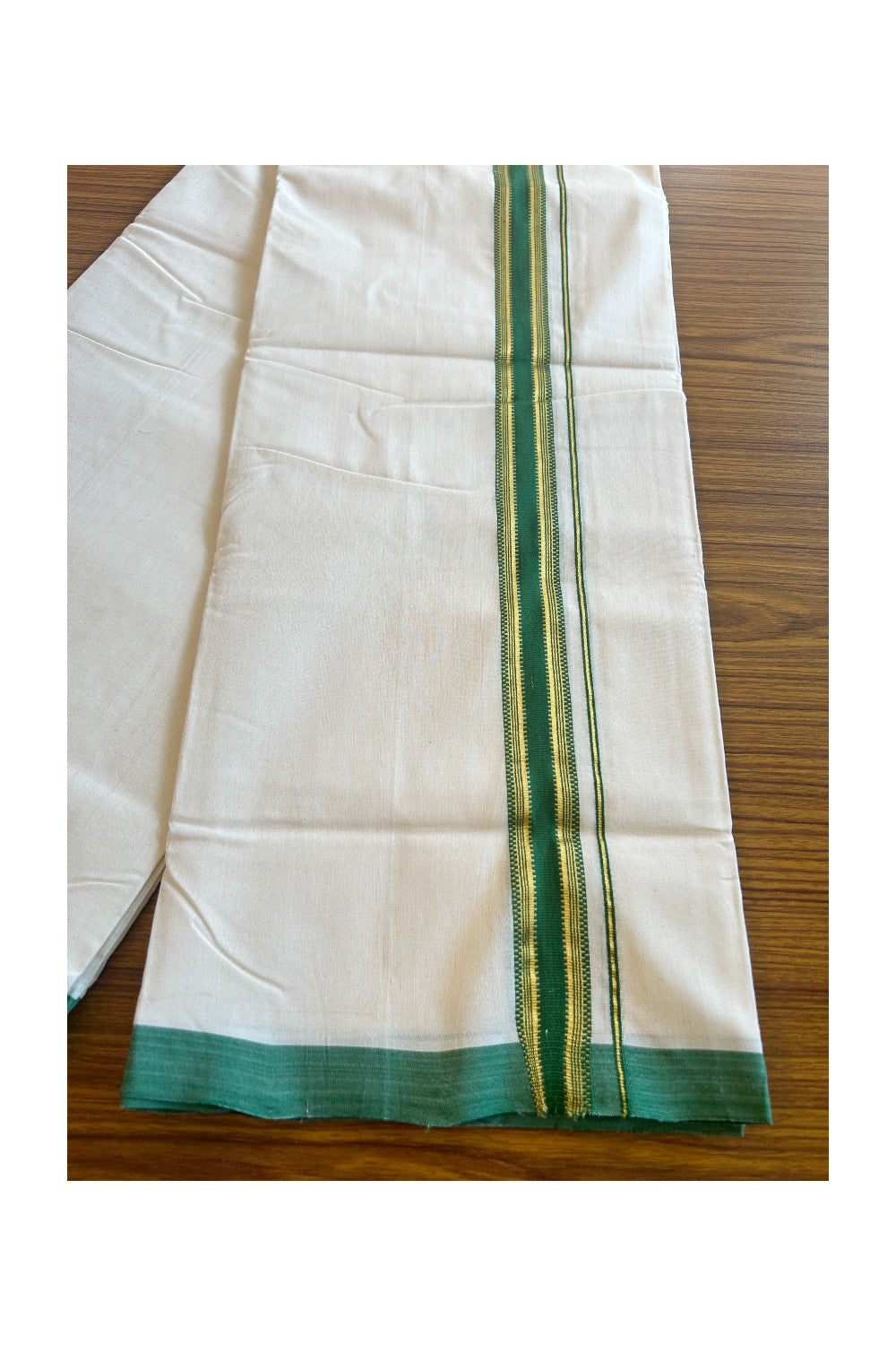 20% DISCOUNT!! KaithariKada HANDLOOM UNAKKUPAAV Balaramapuram - 100% PURE Cotton OFF White (Unbleached) Double Mundu/Dothi - 1.75 Inch Kasavu  & Green striped pattern Kara - 16KK456KK