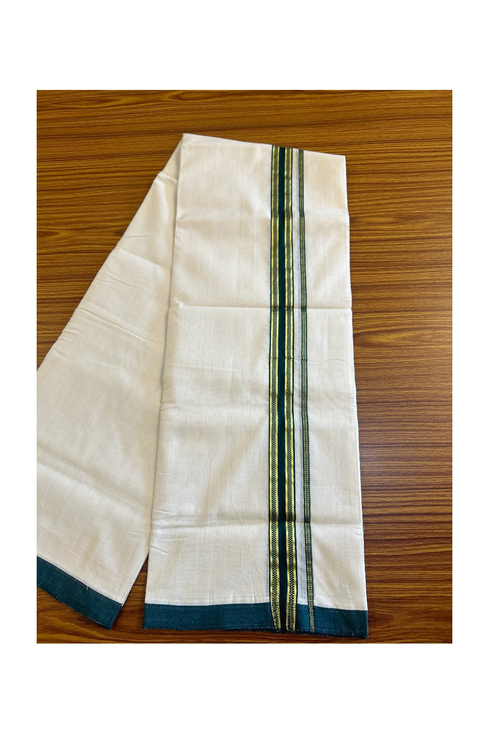 15% Discount!!! KaithariKada HANDLOOM UNAKKUPAAV Balaramapuram - 100% PURE Cotton off white (Unbleached) Double Mundu/Dhoti - 1.75 inch Kasavu & Dark green pattern kara - 16KK458SOM