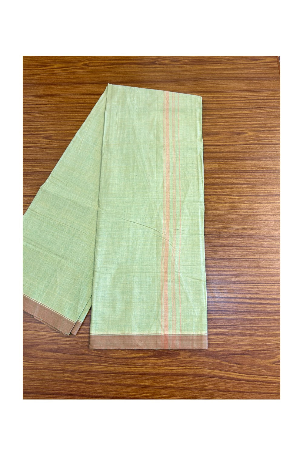 15% DISCOUNT ! KaithariKada Kalamachal 100% Pure Cotton - (80X80) Twisted Thread Handloom Single Mundu/Dhoti - Light Green COLOUR  BODY & Brown stripes 1.5 inch Kara- 16KK479KAL