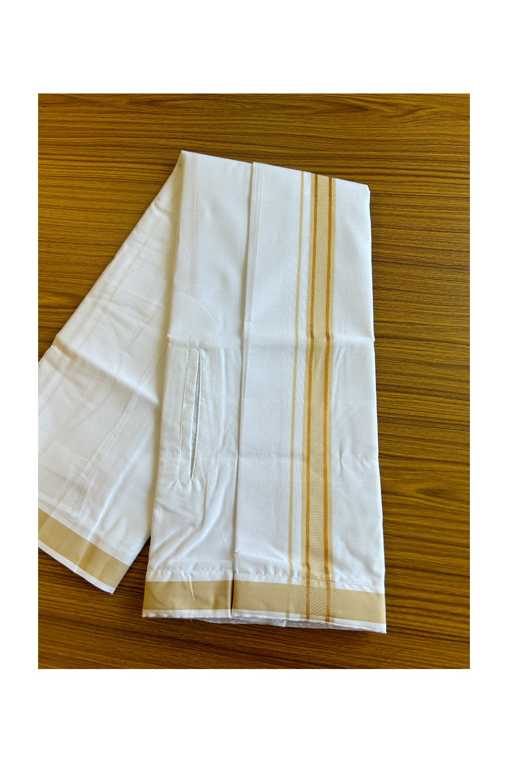 KaithariKada Balaramapuram COTTON SINGLE PURE WHITE VELCRO Mundu/Dhoti - 1.75inch Light Brown & Kasavu kara - 16KK485SRI