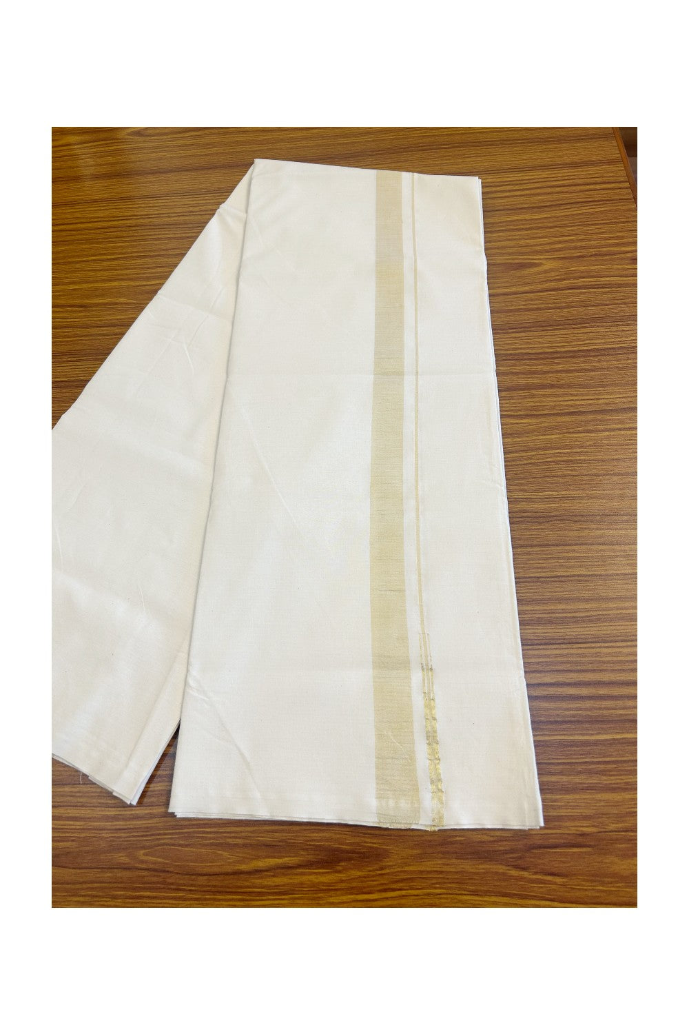 15% DISCOUNT ! KaithariKada Balaramapuram 100% COTTON SINGLE OFF WHITE Mundu/Dhoti-Twisted 100s Thread- 1.5 inch Gold Kasavu Puliyilakkara Chutty-3KK497ASH