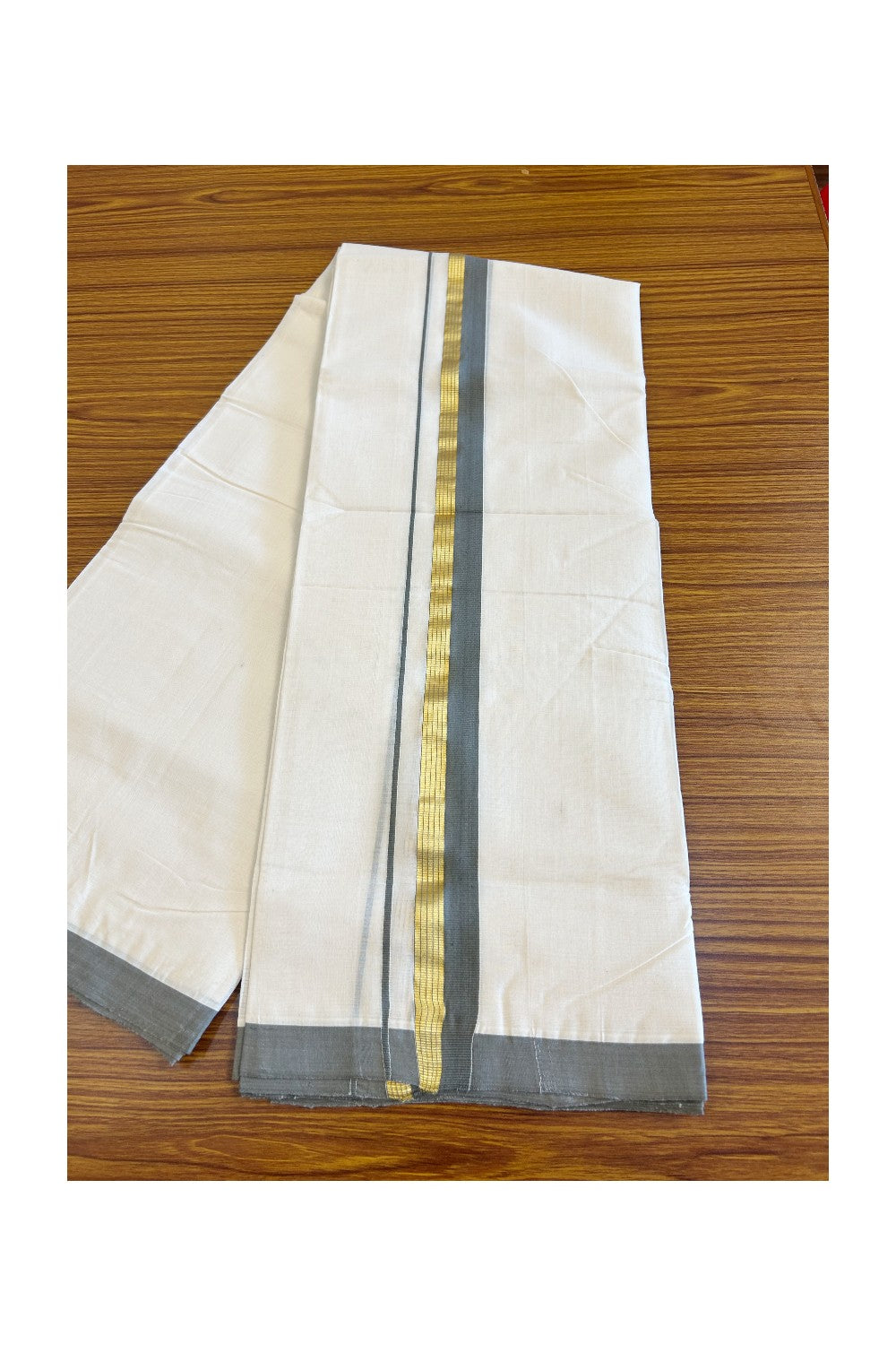 21% Discount KaithariKada HANDLOOM Unakkupaav Balaramapuram - 100% PURE Cotton Off White - (Unbleached) Double Mundu/Dhoti - 2 inch  Kasavu & GRAY Kara- 16KK498KK