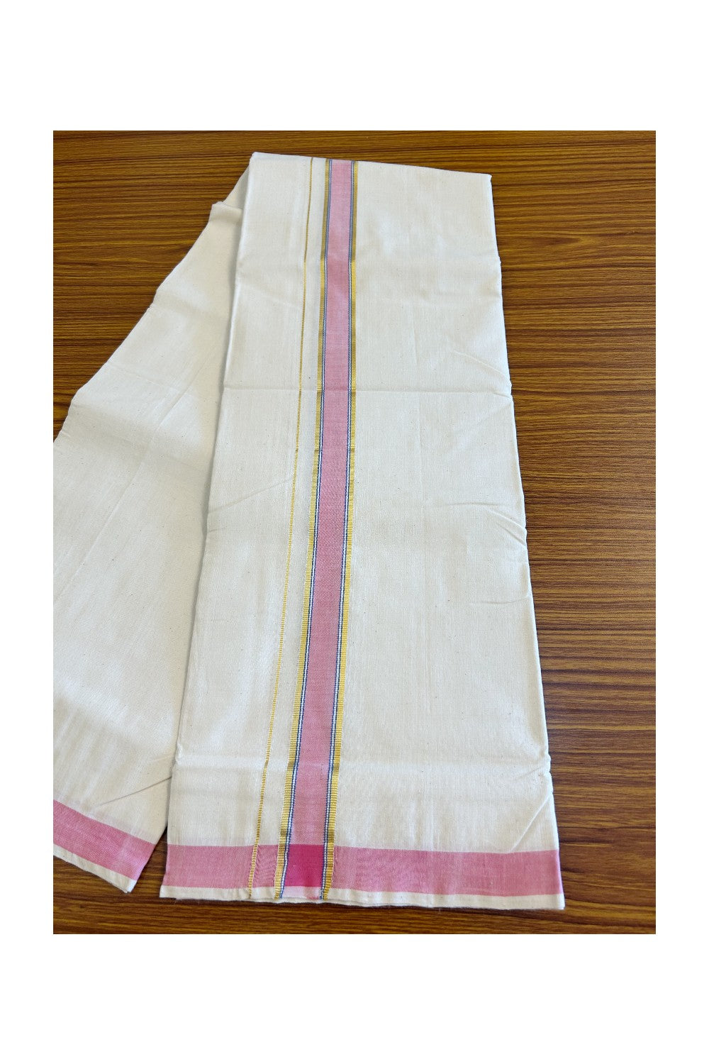 32% Discount KaithariKada 100% Cotton Balaramapuram HANDLOOM Single Mundu/Dhoti - Off White - (Unbleached)  1.75 Silver Pink & Blue Striped Kara - 16KK499KK