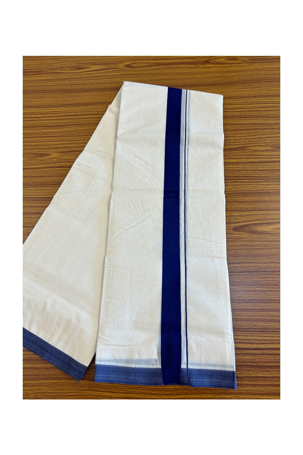 10% Discount!!! KaithariKada Balaramapuram 100% Cotton Double Off white Mundu/Dhoti-100x100 1.75  inch Deep Blue Kara - 16KK500KK