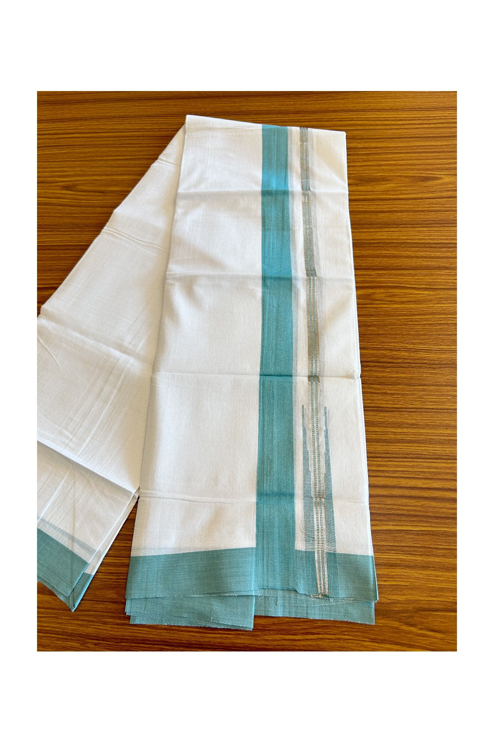 Kaitharikada  Balaramapuram 100% Pure Cotton PURE WHITE Double Mundu/Dothi - 80x92 - 1.5 Inch Turquoise Green & Silver Chutty kara - 16KK5022VAN