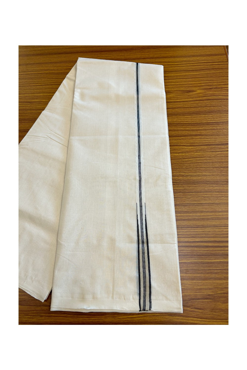 8% DISCOUNT! KaithariKada BALARAMAPURAM HANDLOOM MILLPAAV - 100% PURE Cotton Double - (Unbleached) Mundu/Dhoti - Silver black stripes  Black & Cream chutty puliyilakkara - 16KK5029RAM