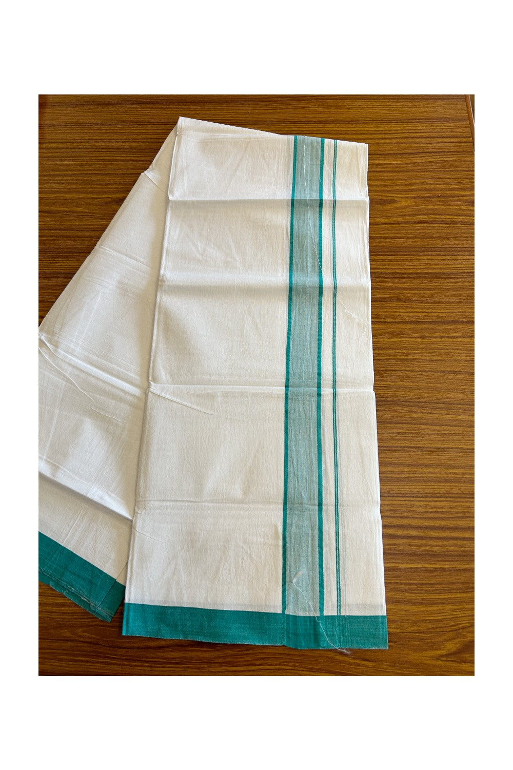 8% Discount ! Kaitharikada Balaramapuram 100% Cotton PURE WHITE SINGLE Mundu/Dothi- 2.25 inch Turquoise Green Kara - 16KK5032GAN