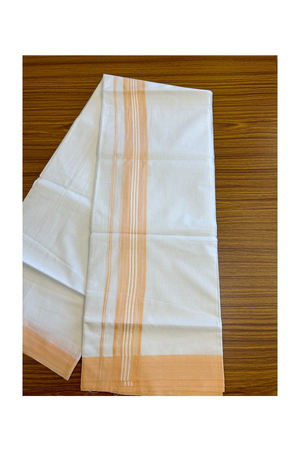 KaithariKada 100% Cotton PURE White  Double  Dhoti/Mundu 2.5inch  Peach Border-  76.