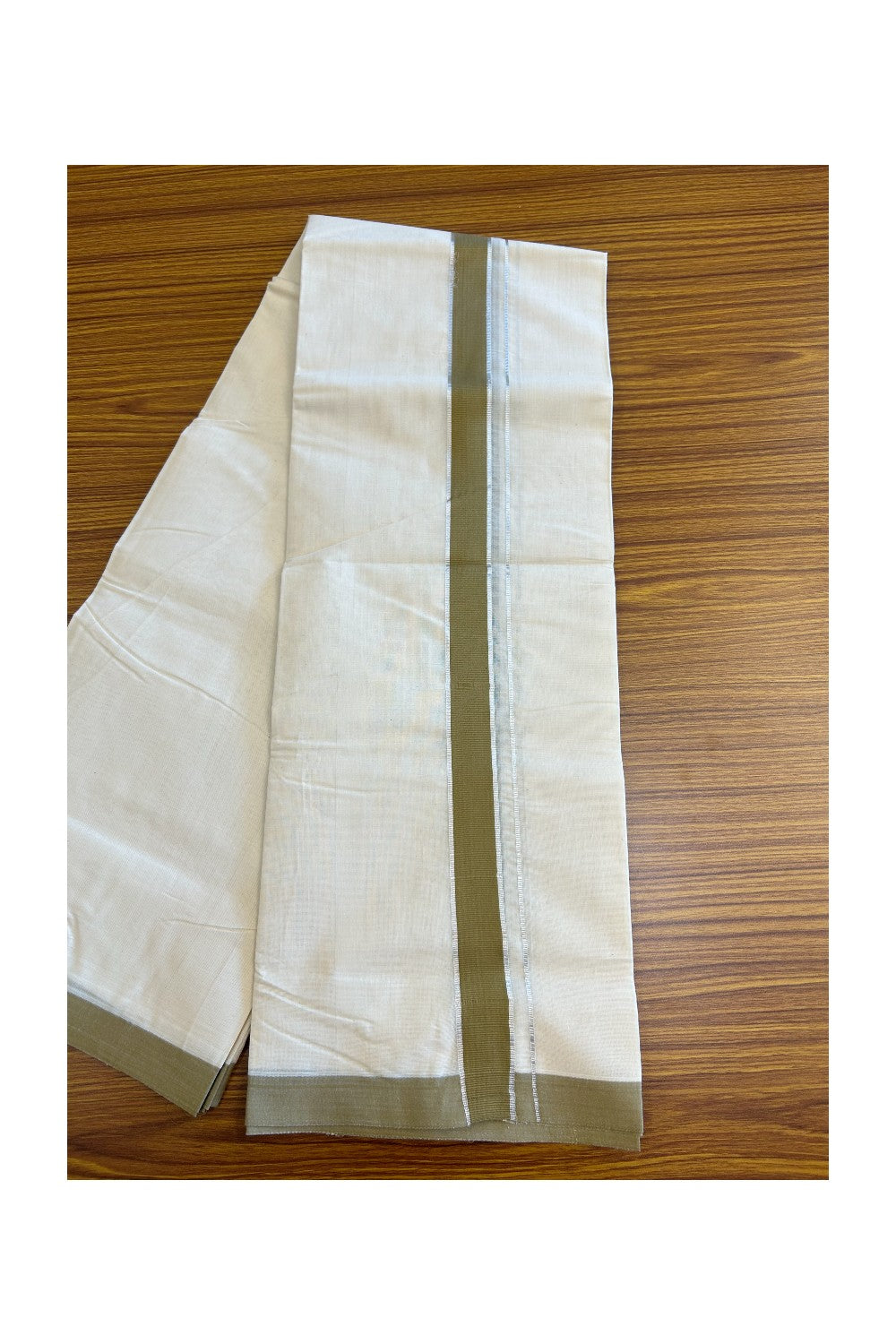 20% Discount KaithariKada Balaramapuram 100% Cotton Double Off white - (Unbleached) - Mundu/Dhoti - 100x80 - 2 inch Silver Kasavu & Sage Green Kara 3.75 mtr - 118