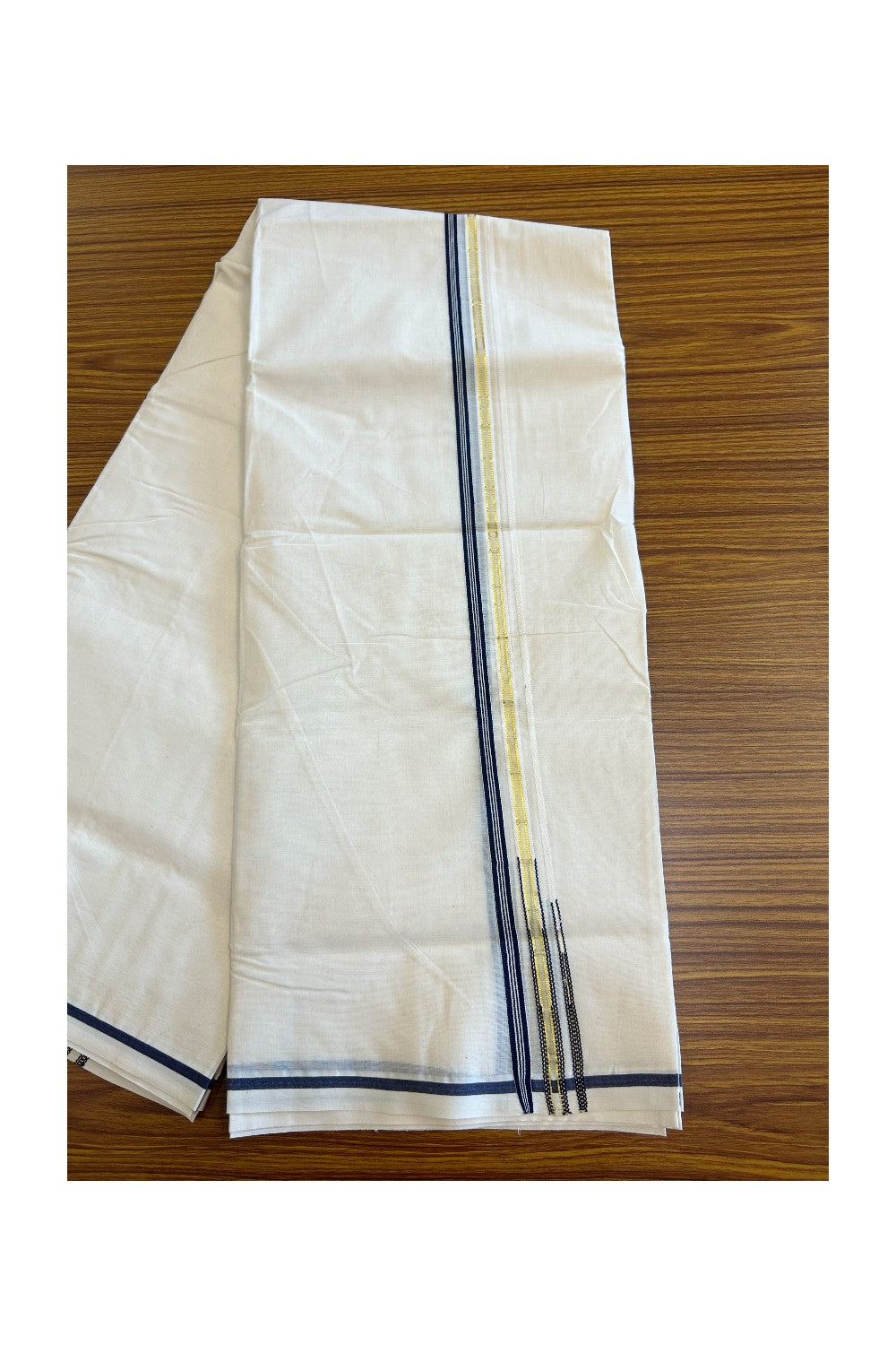 20% DISCOUNT! KaithariKada Balaramapuram 100% Cotton Double Off white - (Unbleached) - Mundu/Dhoti-100x100 1.5cm  Chutty Puliyilakkara Navy Blue & Kasavu Kara Double Chutty-36