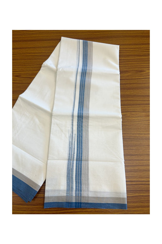 19% Discount!!! KaithariKada Balaramapuram  Double Off white - (Unbleached) Mundu/Dhoti - 80X90 - 2.25 inch Blue & Ash Silver Striped puliyilakkara chutty Striped Kara 3.85 meters - 16KK5058GUN