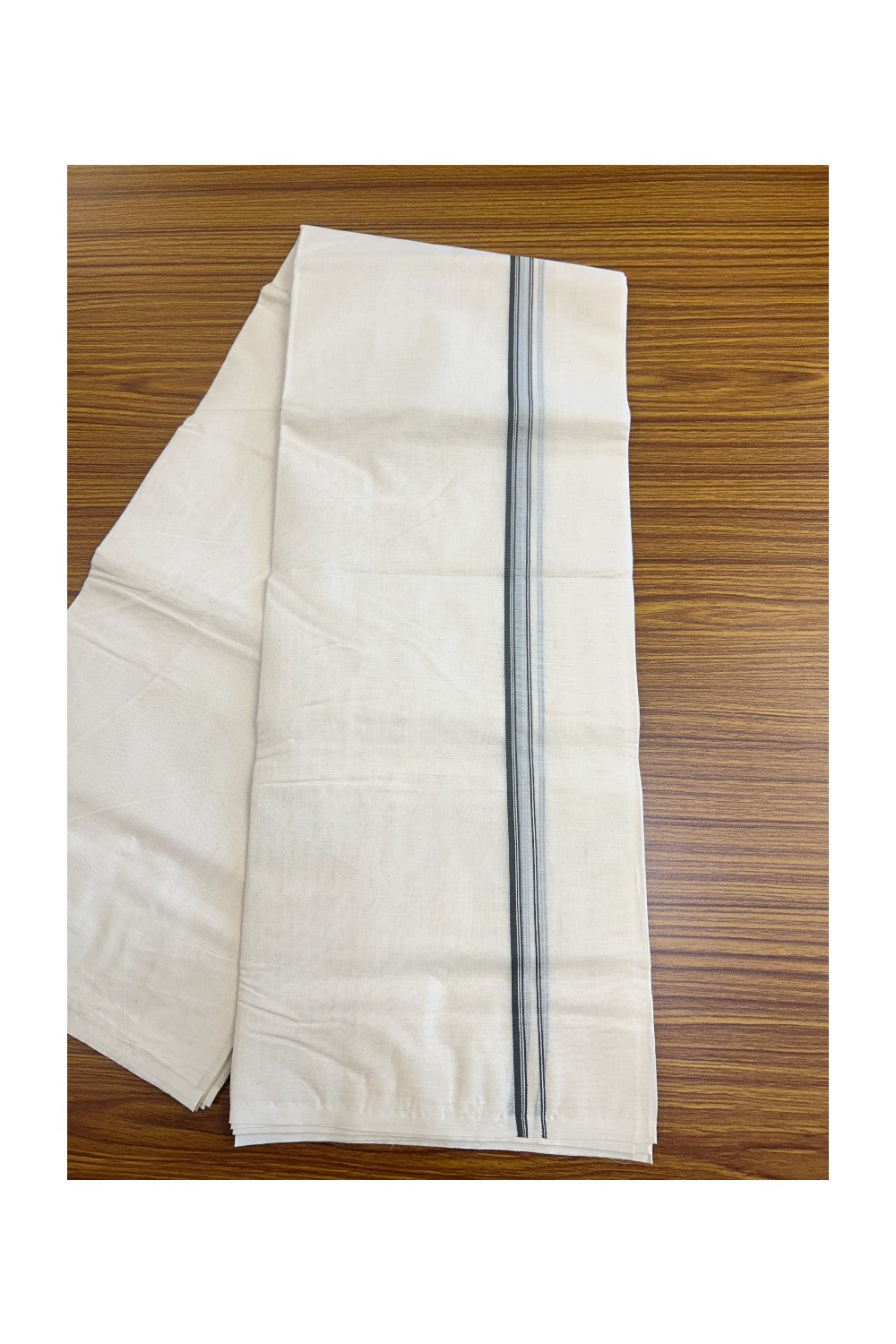 23% DISCOUNT ! KaithariKada Balaramapuram 100% Cotton Double Off white (Unbleached) Mundu/Dhoti-100X100-  ASH GRAY  & STRIPES 2.cm  Kara.- 15/1123ASH012.