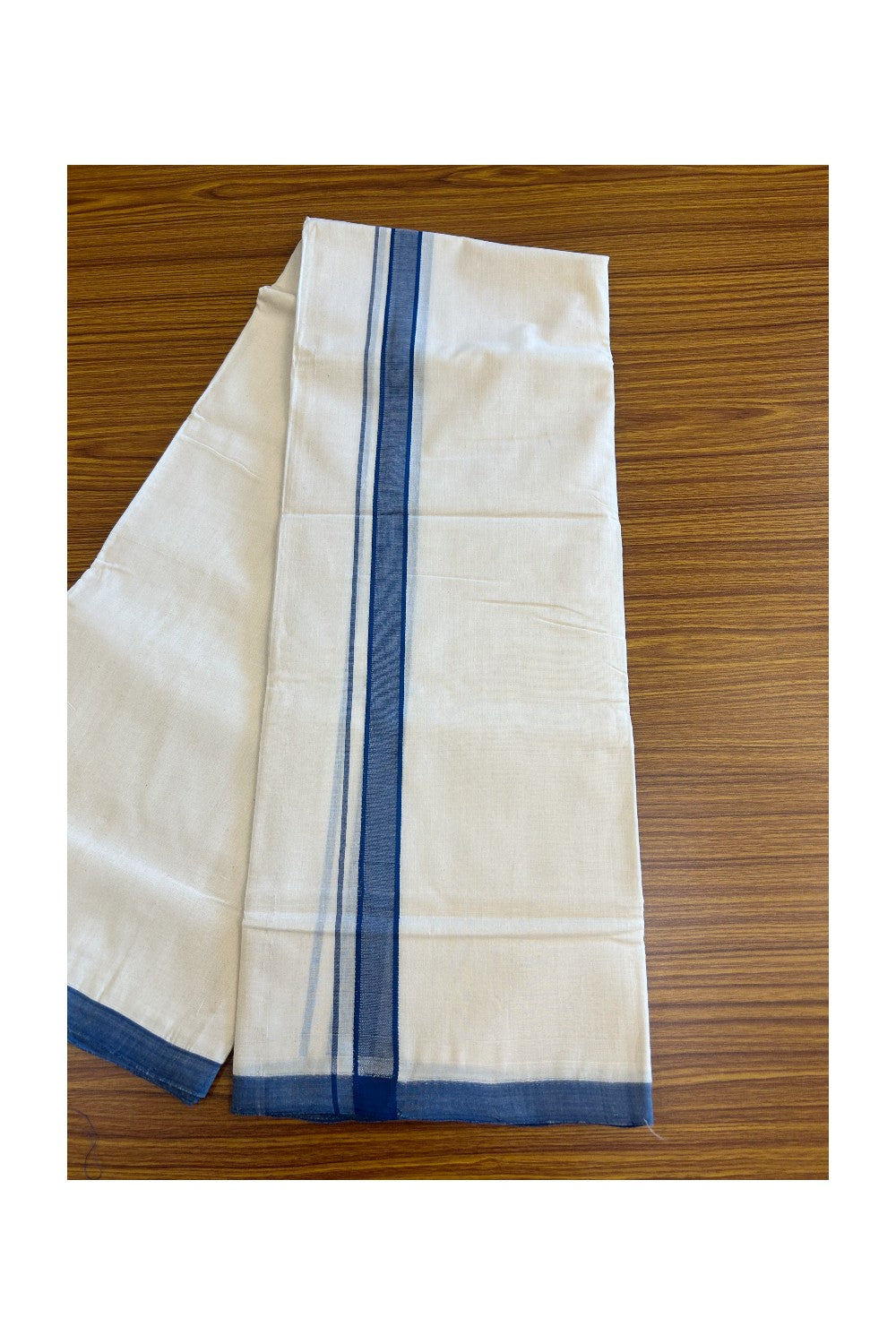 15% DISCOUNT! KaithariKada BALARAMAPURAM HANDLOOM Unakkupaav- 100% PURE Cotton 100x100 Double Mundu/Dhoti OFF WHITE (Unbleached) 3.80 mtr & 4 mtr  - Deep Blue Kara