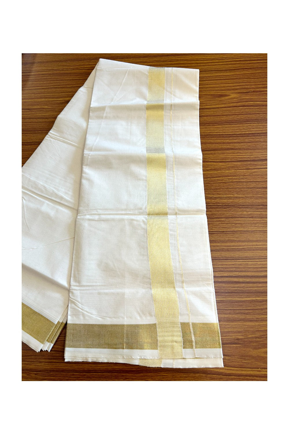 10% DISCOUNT ! KaithariKada Balaramapuram 100% Cotton Double Off white - (Unbleached) Mundu/Dhoti-100X100 - 2 inch KASAVU Stripes kara - 16KK5063KK