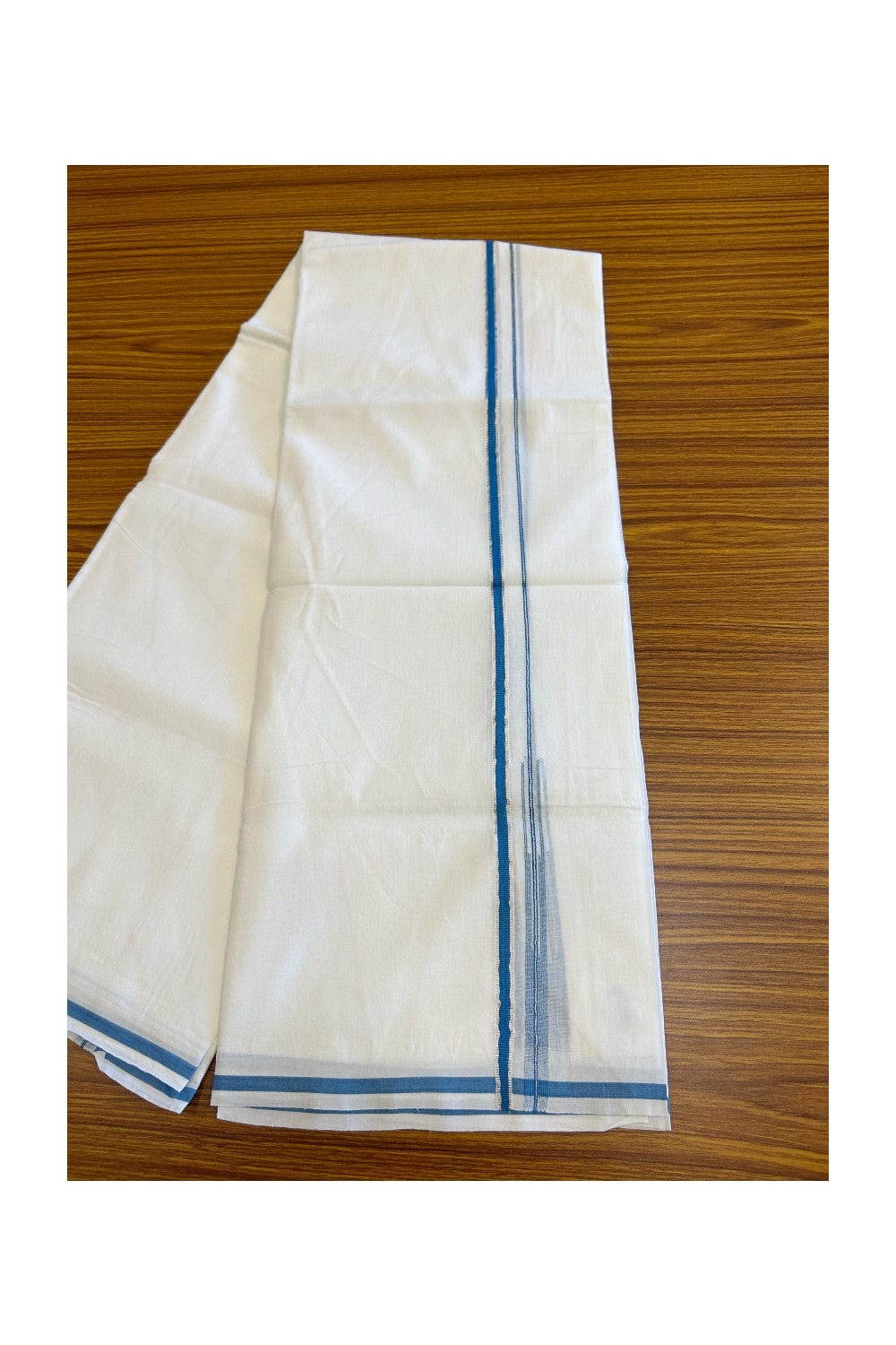 19% Discount !! KaithariKada Balaramapuram 100% Cotton PURE WHITE Double Mundu/Dhoti-100x100 - 1 cm Puliyilakkara Silver Kasavu & Light Peacock Blue Chutty Kara - 15KK5066KK