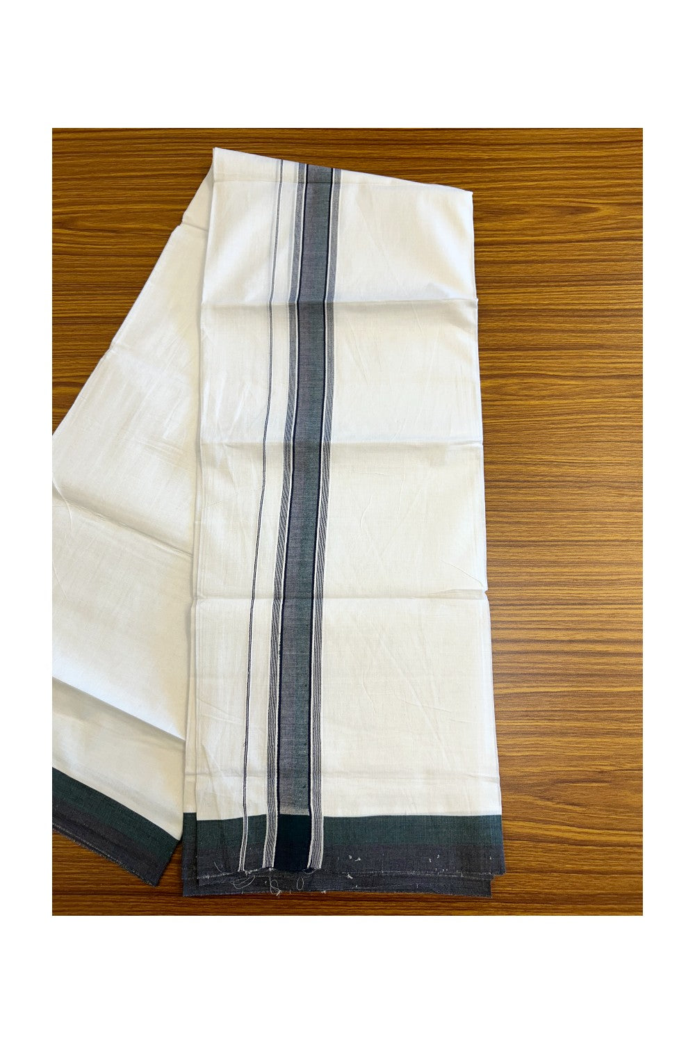 21% DISCOUNT!! Kaitharikada Balaramapuram 100% Cotton Ultra WHITE Double Mundu/Dothi-100x80 2.25 Inch Navy Blue & Dark Green Striped Cotton Kara - 16KK5067KK