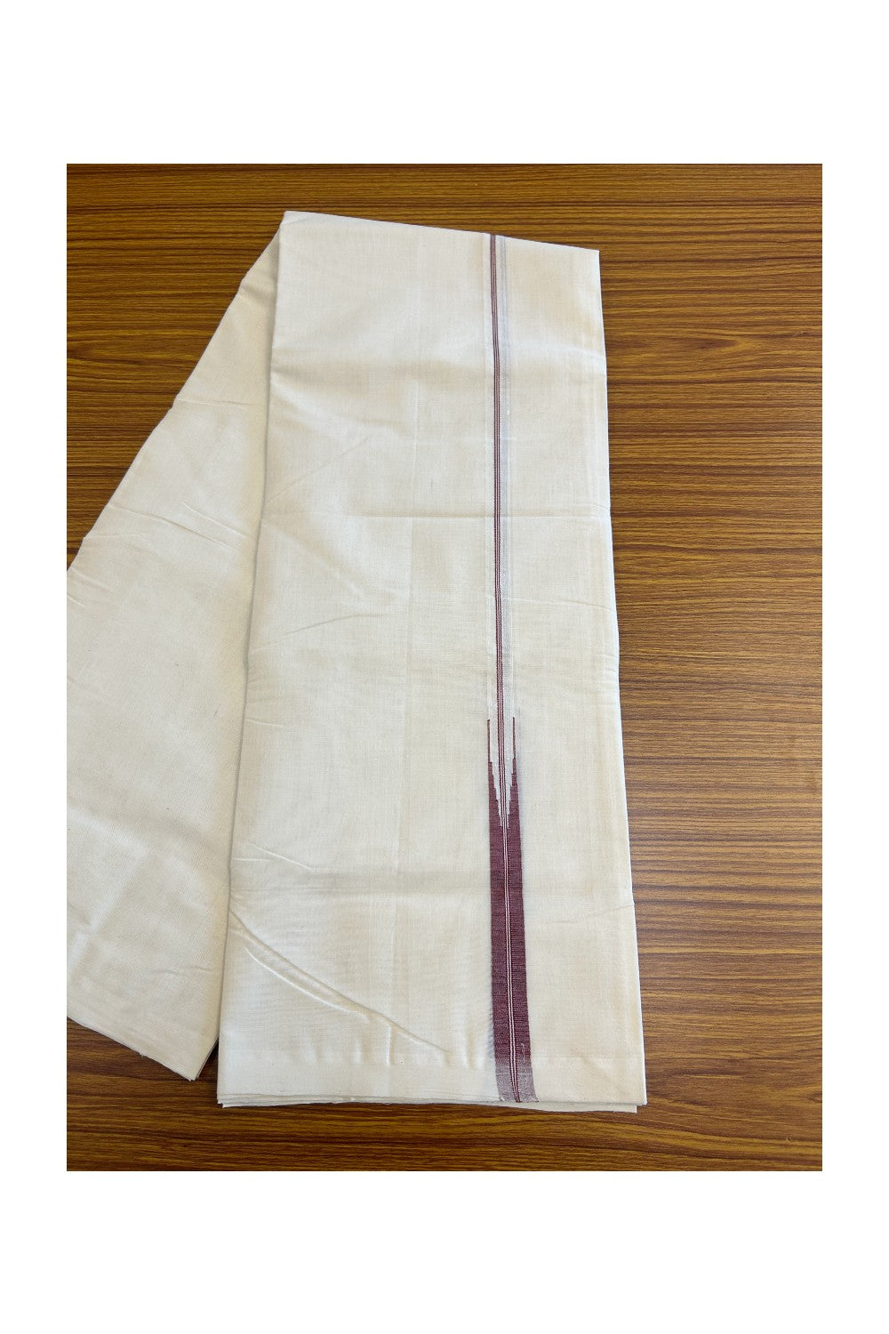 21% DISCOUNT!! KaithariKada HANDLOOM Millpaav Balaramapuram - 100% PURE Cotton OFF White (Unbleached) Double Mundu/Dothi - Maroon stripes big puliyilakkara chutty- 25KK86RAM