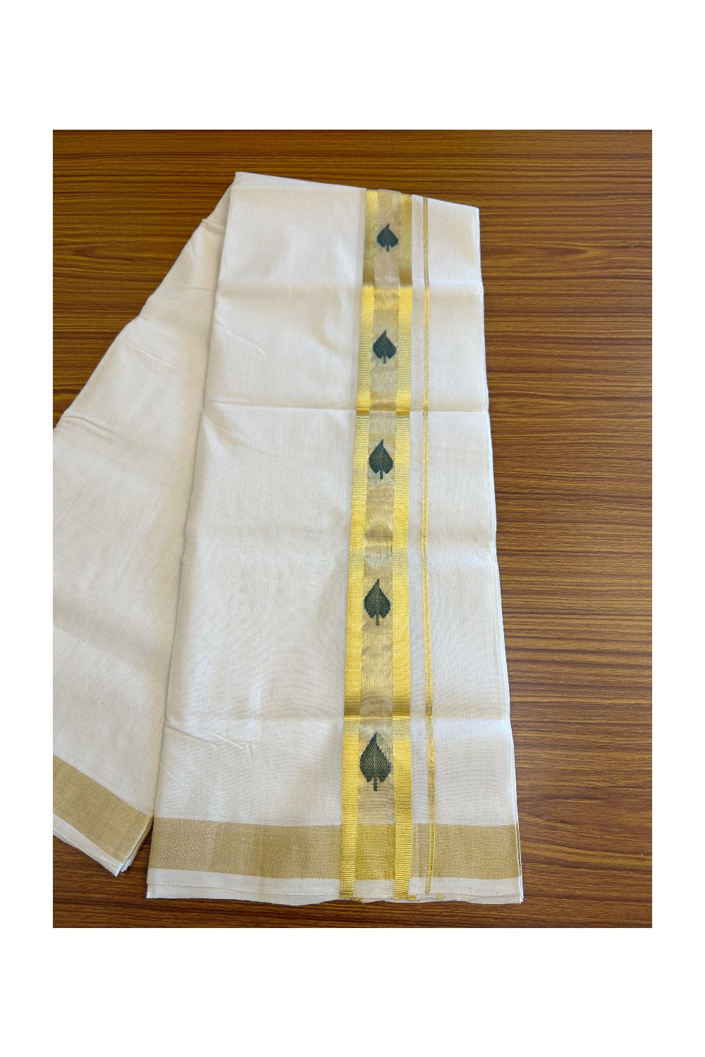 30% Discount!!! KaithariKada HANDLOOM UNAKKUPAAV Balaramapuram - 100% PURE Cotton off white (Unbleached) Double Mundu/Dhoti -100x 100 - 2.5 inch Kasavu with Centre Tissue & Green Leaf design kara - 15KK5096YAR